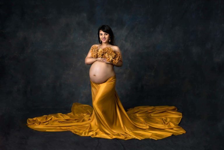 Maternity Photography Melbourne yellow fabric on black